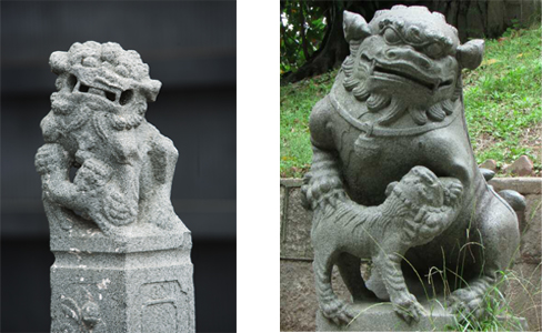 出水的石獅子(左，“刺桐會”供圖)與泉州開元寺的石獅子（右）雕工、造型十分相似